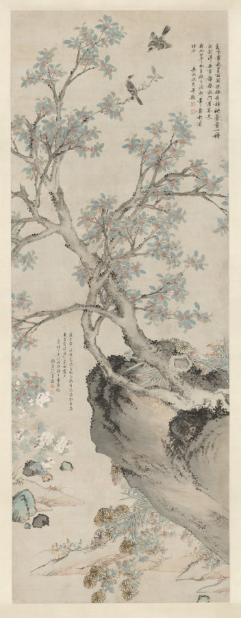 寒露意境配图:Yellow Chrysanthemums and Red Osmanthus in the Style of Wang Yuan